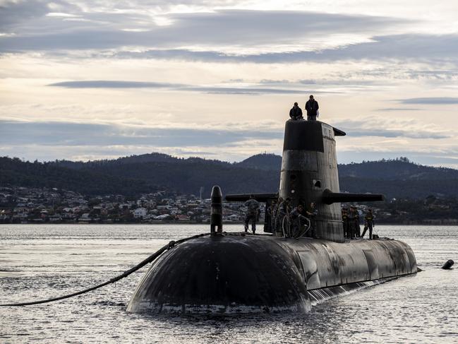 Royal Australian Navy submarine HMAS Sheean arrives for a logistics port visit last April in Hobart. Picture: LSIS Leo Baumgartner/Australian Defence Force via Getty Images