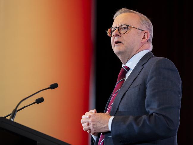 SYDNEY, AUSTRALIA - NewsWirePhotos - Friday, 24 May 2024:Prime Minister, Anthony Albanese, pictured speaking at Sydney Accor Stadium today during the Western Sydney Leadership Dialogue luncheon.Picture:NewsWire / Monique Harmer