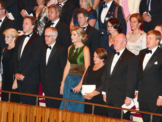 Julie Bishop, Dutch Foreign Minister Bert Koenders, PM Turnbull, Queen Maxima, Lady Cosgrove, Governor General Peter Cosgrove and King Willem-Alexanderinside the Opera House. Picture: Richard Dobson