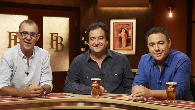 The Front Bar is full of jokes so Andy Maher, Mick Molloy, Sam Pang would love to steal the Logie from their more newsworthy rivals. Picture: Seven