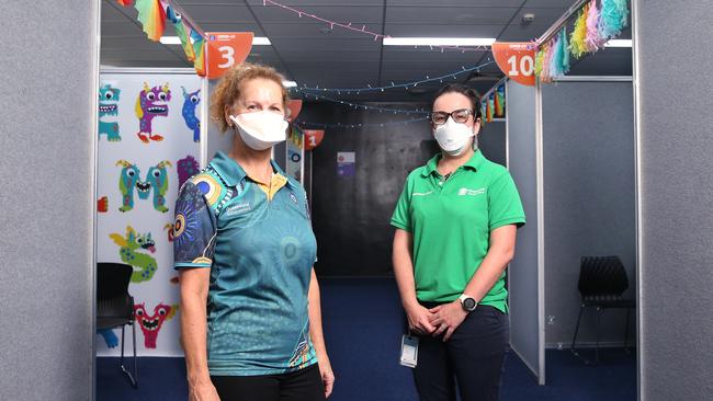 The Cairns and Hinterland Hospital and Health Service Covid-19 vaccination centre nursing director Jane Jordan and program director Kelly Pollock at The Pier CHHHS Covid vaccination clinic. Picture: Brendan Radke