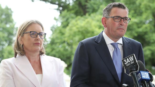 Daniel Andrews and Jacinta Allan hold a press conference in Melbourne. Picture: David Crosling