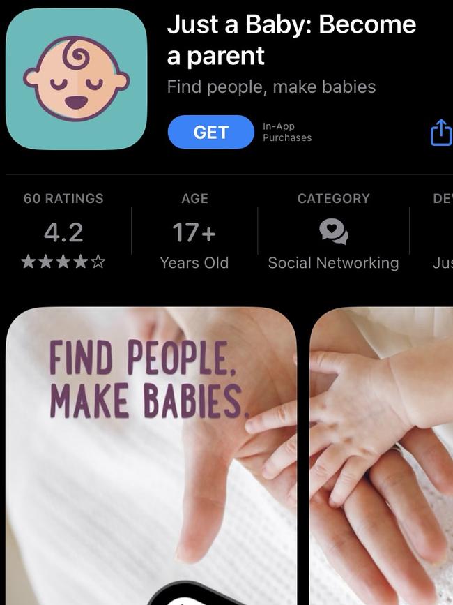 Mobile app "Just a Baby" functions like Tinder, allowing people to search for egg and sperm donors by swiping through potential matches, filtered by location.