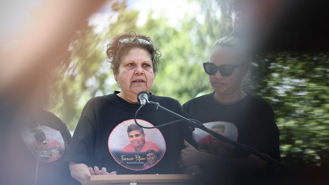 Mechelle Turvey, mother of Cassius Turvey, speaks during a rally for her son in Perth on Wednesday. Picture: Matt Jelonek/Getty Images