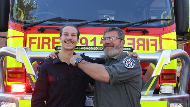 NT Fire and Rescue Service firefighter Tanner Coulthard and Bushfires NT fire management officer Simon Casey at the Alice Springs fire station. March 5 2025. Picture: Gera Kazakov