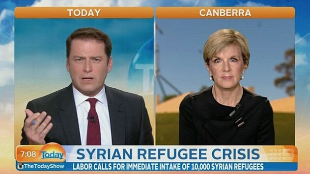 Karl Stefanovic questions Foreign Minister Julie Bishop after she refuses to confirm if Australia will take 10,000 more Syrian refugees. Picture: Supplier