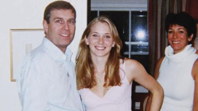 The infamous photo of Prince Andrew and a young Virginia Giuffre, with Ghislaine Maxwell at right. Picture: AFP
