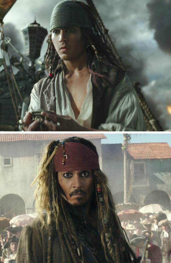 Johnny Depp as Captain Jack Sparrow — top, after a ‘digital facelift’ shaved off half his age. Picture: AP