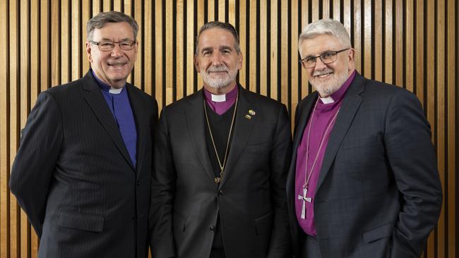 Bishop Glenn Davies (left), Reverend Foley Beach and Reverend Richard Condie at last week’s conference at the National Convention Centre in Canberra. Picture: Martin Ollman