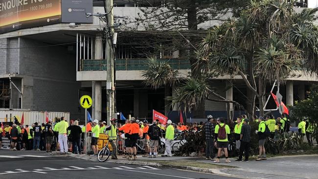 Hundreds of Jewel workers gathered in protest outside the $1.4b development site.