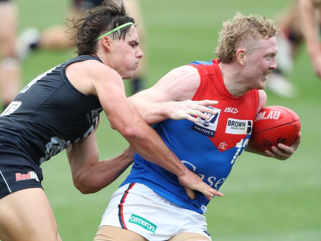 Clayton Oliver playing for Melbourne in the VFL game between Carlton and Melbourne in Parkville. Wednesday, February 28. 2024. Picture: David Crosling