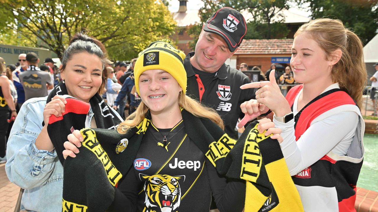 Natasha and Shaun Hannan with daughters Kara 12 and Chloe 15 from Whyalla at the Richmond v St Kilda match at Norwood oval for Gather Round. Picture: Brenton Edwards.