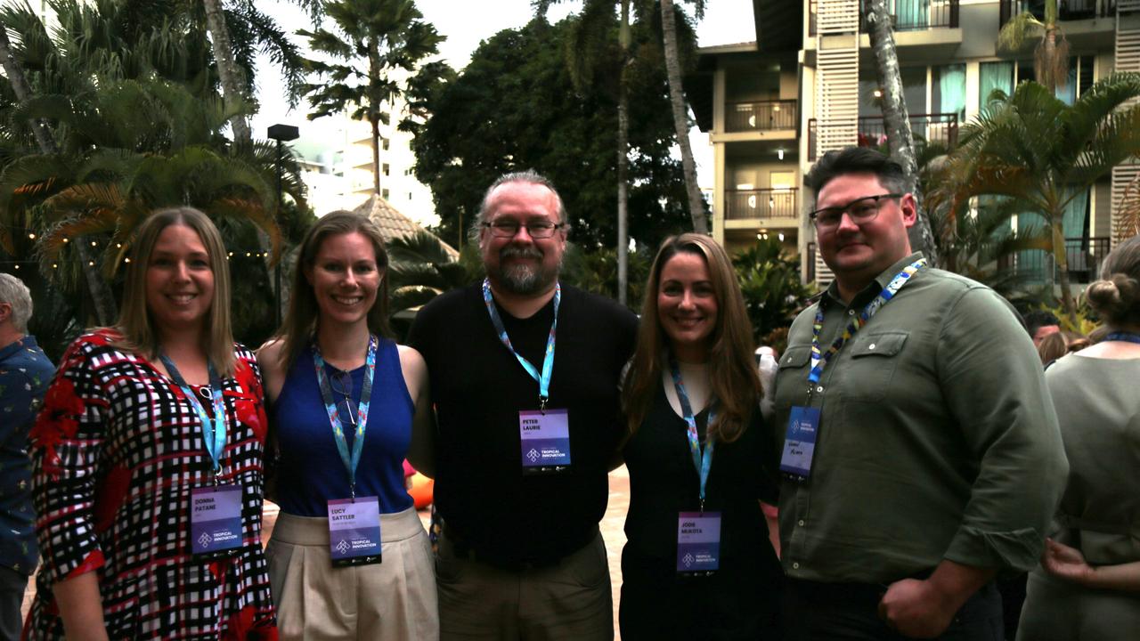 Donna Patane, Lucy Sattler, Peter Laurie, Jodie Mlikota and Nathan Mlikota attend the Tropical Innovation Festival in Cairns. Photo: Catherine Duffy.