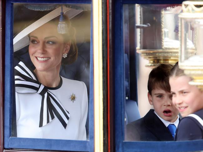 Catherine, Princess of Wales, Prince Louis of Wales and Princess Charlotte of Wales during Trooping the Colour at Buckingham Palace. Picture: Getty