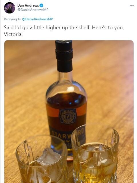 Dan Andrews, higher up the shelf statement- Whisky. Source: Twitter