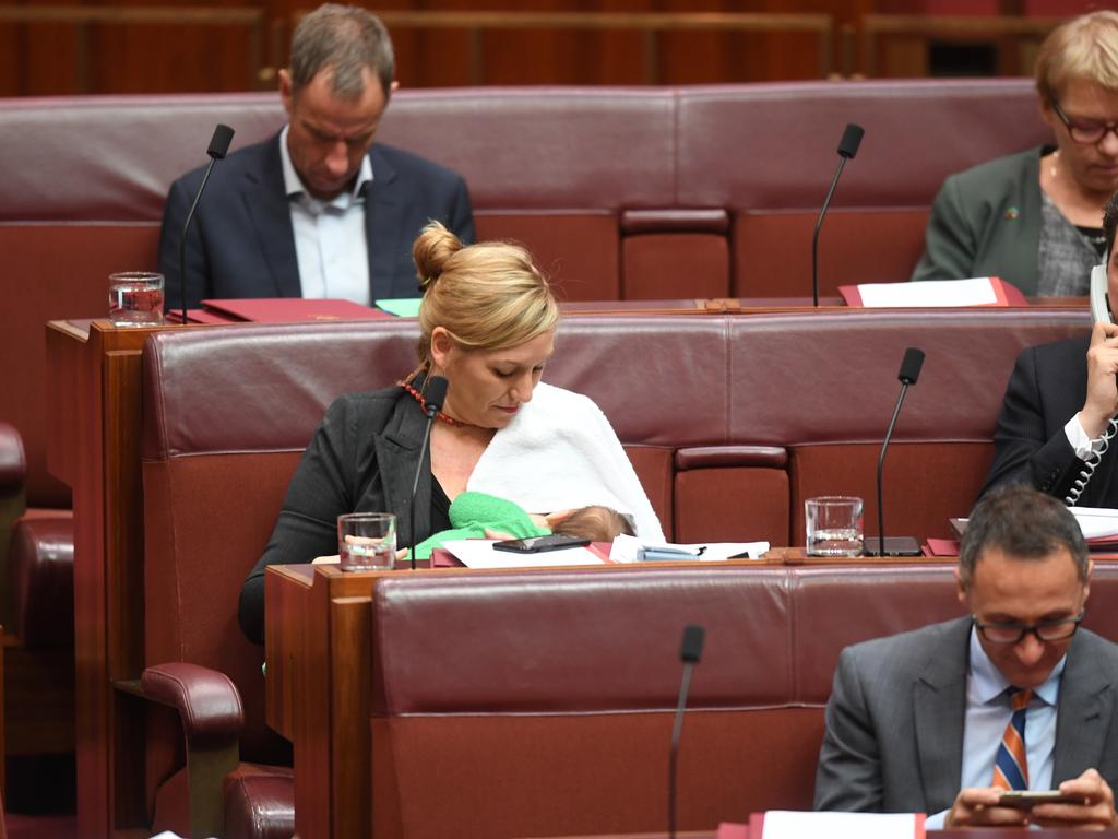 Australian Greens senator Larissa Waters breastfeeds her baby Alia in the Senate in 2017. Picture: AAP Image/Lukas Coch