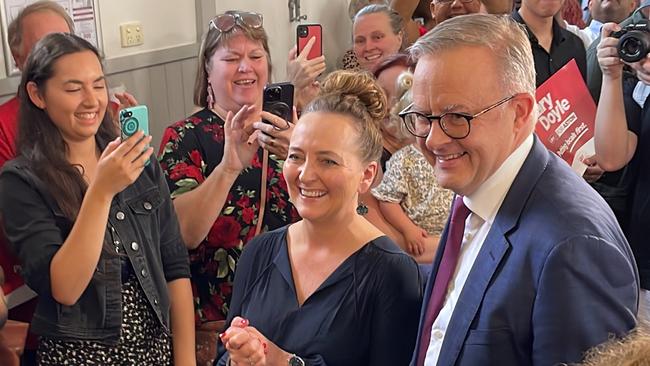 Prime Minster Anthony Albanese and Labor’s Aston by-election candidate Mary Doyle arrive at Ms Doyle’s campaign launch in Boronia on Saturday, March 4, 2023. Picture: Kiel Egging.