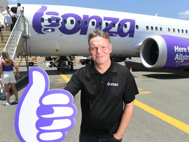 Tim Jordan, CEO of Bonza, arriving on Bonza's inaugural Gold Coast to Townsville flight. Picture: Shae Beplate