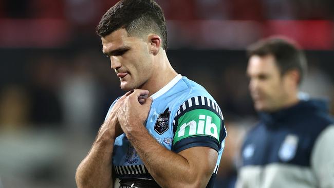 ADELAIDE, AUSTRALIA - NOVEMBER 04: Nathan Cleary of the Blues reacts after losing game one of the 2020 State of Origin series between the Queensland Maroons and the New South Wales Blues at the Adelaide Oval on November 04, 2020 in Adelaide, Australia. (Photo by Cameron Spencer/Getty Images)