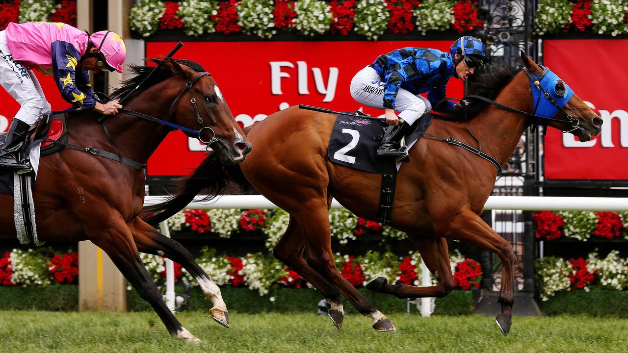 2013 Emirates Stakes Day at Flemington Melbourne - November 9th, Picture by Colleen Petch. Race 6 - VRC Sprint Classic 1000m - Damian Browne celebrate's his win on Buffering from (7) Damien Oliver on Shamexpress