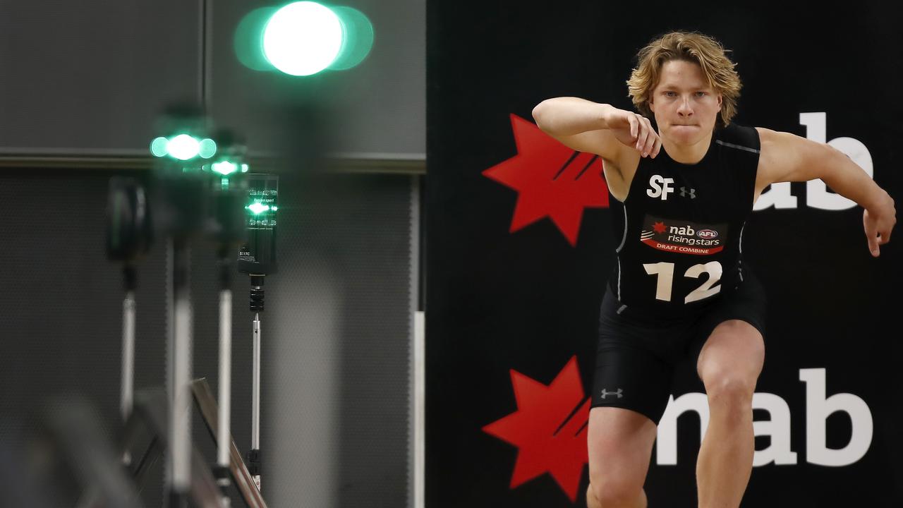 Cody Weightman completes the sprint test during the 2019 AFL Draft Combine. Photo: Dylan Burns/AFL Photos via Getty Images.