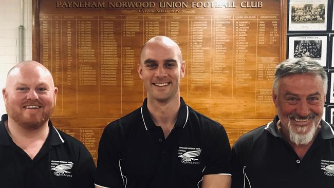 New Falcons player/coach Jace Bode (centre) with outgoing coach Garry McIntosh (right) and assistant Ben Hunt (left). Picture: Payneham Norwood Union