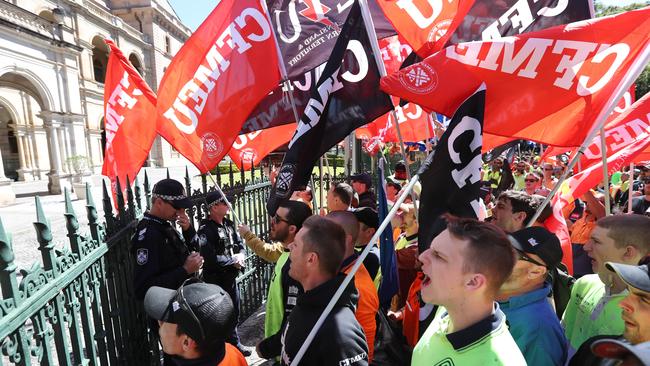 CFMEU members protested at Parliament House this morning over concerns about the Cross River Rail project. File picture: Annette Dew