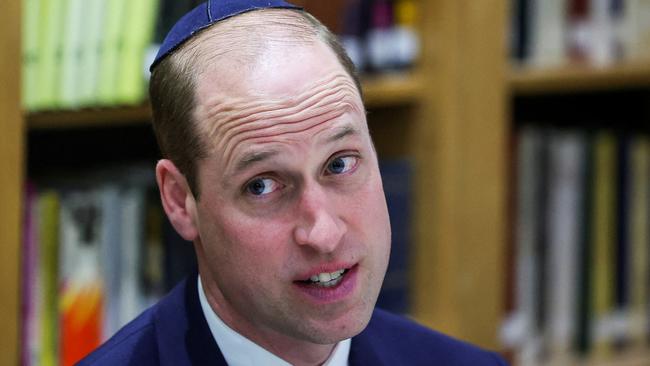 LONDON, ENGLAND - FEBRUARY 29: Prince William, Prince of Wales wears a kippah as he visits the Western Marble Arch Synagogue on February 29, 2024 in London, England. (phot by Toby Melville - WPA Pool/Getty Images)