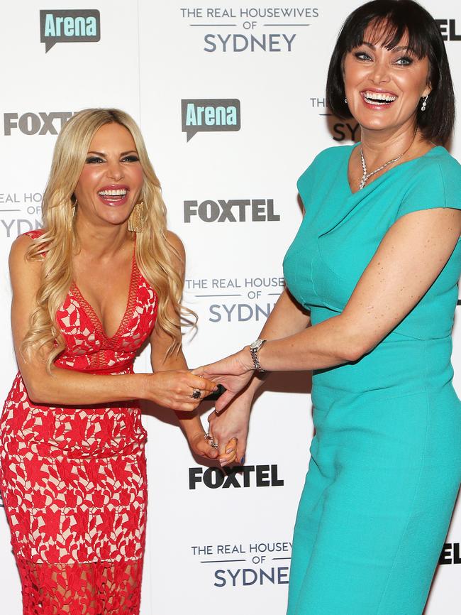 Melissa Tkautz and Lisa Oldfield fool around at the media launch. Picture: Stephen Cooper