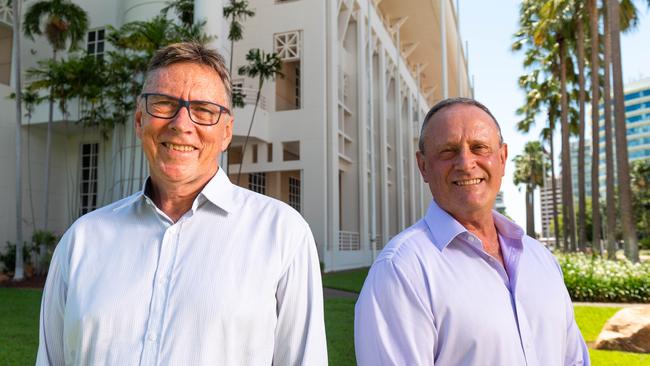 Territory Alliance leader Terry Mills and new recruit Jeff Collins, the Member for Fong Lim. Territory Alliance will attempt to seize NT Opposition status from the CLP when parliament sittings resume. Picture: Che Chorley