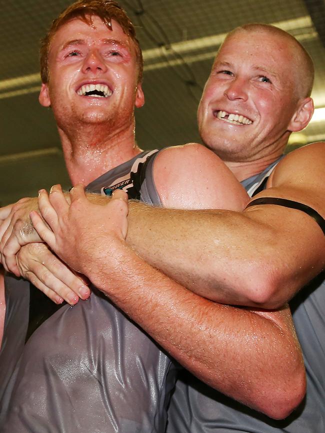 Young gun Willem Drew celebrates the win with Tom Clurey. Picture: Michael Dodge/Getty Images