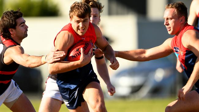 Harry Hynes of Old Brighton is tackled during the round nine 2023 Victorian Amateur Football Association William Buck Premier MenÃs match between Old Brighton and Old Xaverians at Brighton Beach Oval in Brighton, Victoria on June 17, 2023. (Photo by Josh Chadwick)