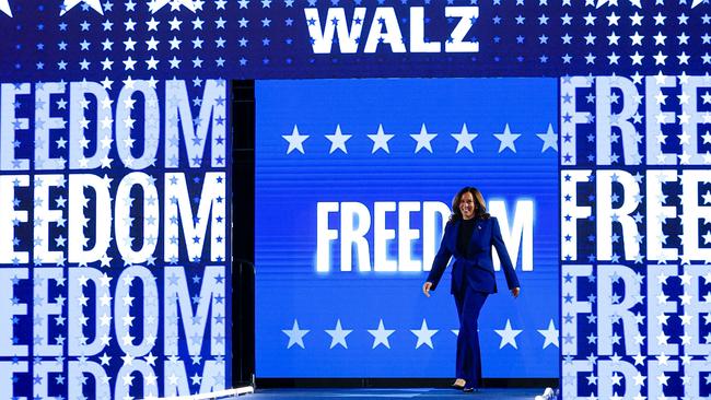 Kamala Harris arrives on stage before speaking at the campaign rally at the Fiserv Forum in Milwaukee, Wisconsin.