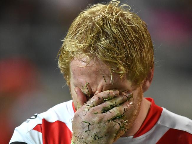 James Graham of the Dragons reacts during the Round 20 NRL match between the St George Illawarra Dragons and the Parramatta Eels at Netstrata Jubilee Stadium in Sydney, Sunday, August 4, 2019. (AAP Image/Joel Carrett) NO ARCHIVING, EDITORIAL USE ONLY