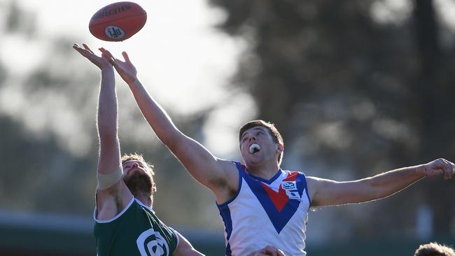 Mark Kovacevic (right) wins a hitout for West Preston-Lakeside. Picture: Andy Brownbill.