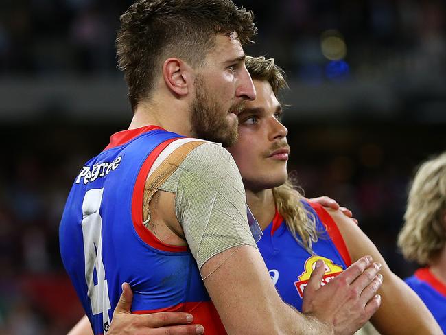 Marcus Bontempelli consoles Bailey Smith after the 2021 AFL Grand Final. Picture: Gary Day/AFL Photos via Getty Images
