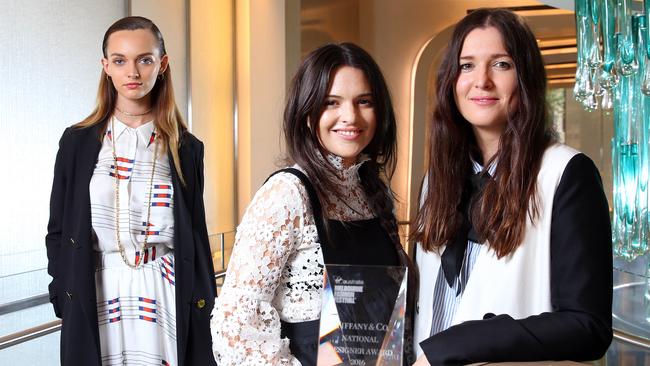 Designers Tess (centre) and Beth MacGraw (right) from the macgraw label with model Cassie Lapthorne: the design duo won the Tiffany &amp; Co National Designer Award and will show at fashion week Pic: Aaron Francis/The Australian