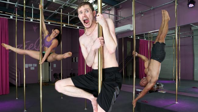 2013: Andrew Potts shows his style in front of Rony Lebovics (left) and Shane Elisara (right) at Suzie Q Pole dancing at Ashmore.