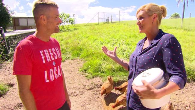 Pete Evans collecting eggs with Joanna Griggs.