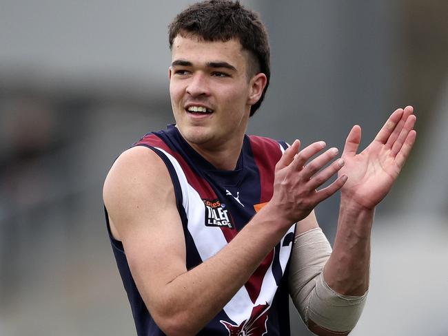 MELBOURNE, AUSTRALIA - SEPTEMBER 21: Harry Armstrong of the Dragons celebrates a goal during the 2024 Coates Talent League Boys Grand Final match between the Sandringham Dragons and GWV Rebels at IKON Park on September 21, 2024 in Melbourne, Australia. (Photo by Martin Keep/AFL Photos via Getty Images)