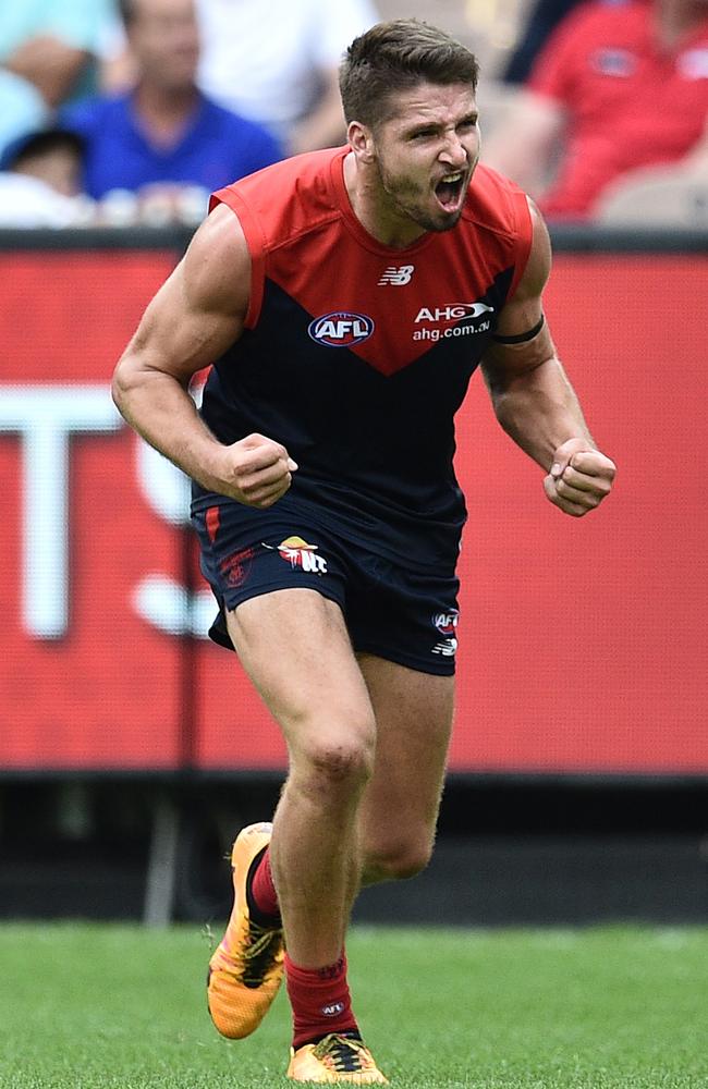 Jesse Hogan’s three goals in the final quarter turned the contest against the Giants. Picture: APP