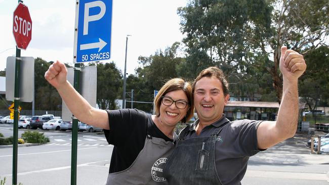 Rachel Salvitti from Espresso 3094 and Chris Bekiaris from Monty Fresh are delighted at the scrapping of paid parking meters. Picture: George Salpigtidis