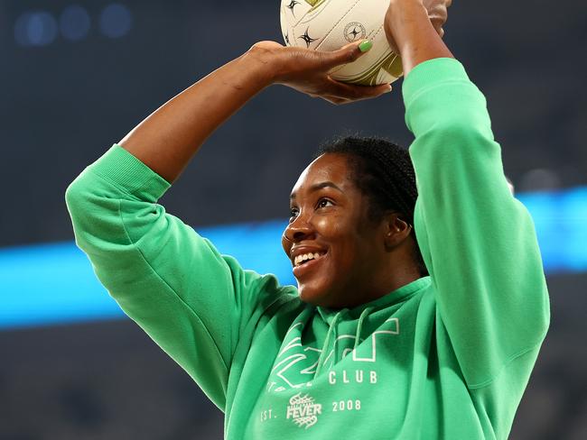 MELBOURNE, AUSTRALIA - JULY 27: Jhaniele Fowler-Nembhard of the Fever warms up prior to the Super Netball Preliminary Final match between Melbourne Vixens and West Coast Fever at John Cain Arena on July 27, 2024 in Melbourne, Australia. (Photo by Graham Denholm/Getty Images)
