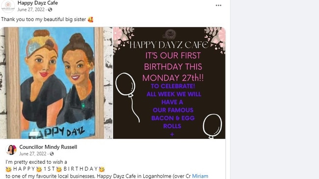 A post from Councillor Mindy Russell about her sister Lauren Norris who bought the Happy Dayz Cafe.