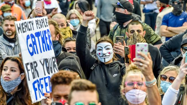 Anti-lockdown protesters gather to rally for Freedom Day at the Shrine of Remembrance. Picture: Jake Nowakowski