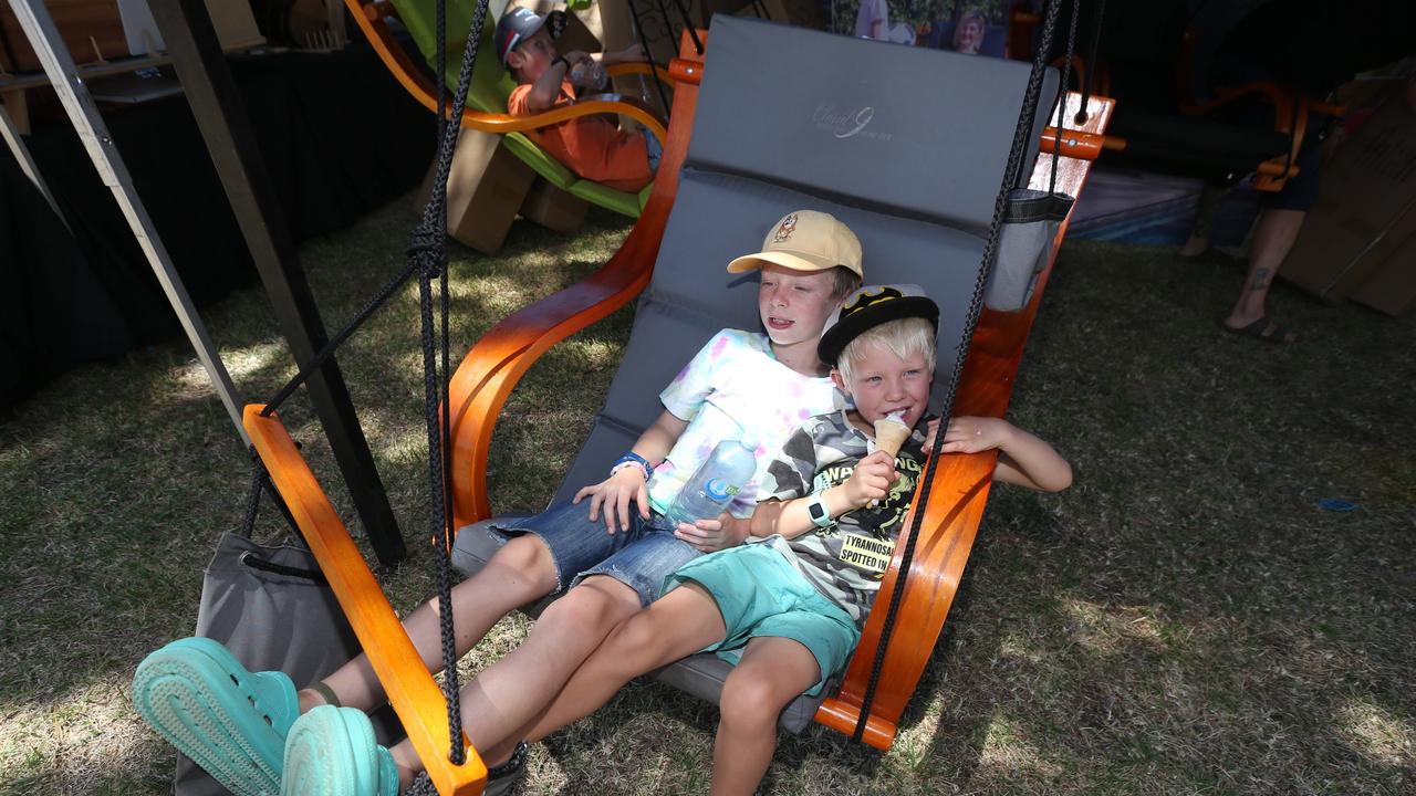 Levi, 8, and Lincoln, 5, kick back and relax. Picture: Mike Dugdale