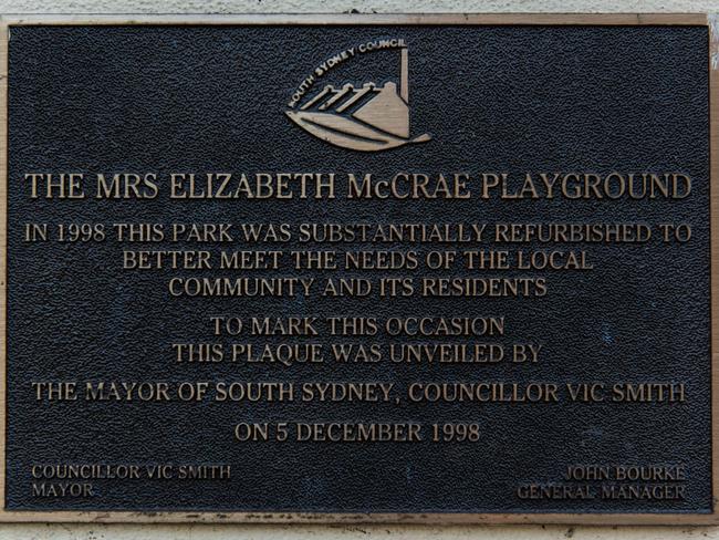 The tribute plague to Elizabeth McCrae at the playground.