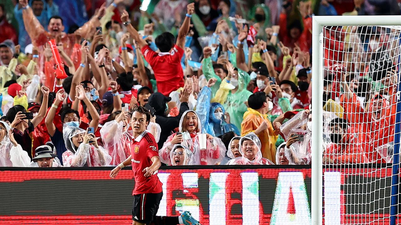 Facundo Pellistri celebrates after scoring his team's fourth goal against Liverpool. Picture: Pakawich Damrongkiattisak/Getty Images