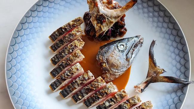 The mouth-watering half bonito cooked over charcoal with radicchio and macadamia is one of many eye-catching dishes on the menu at Saint Peter. Picture: Instagram