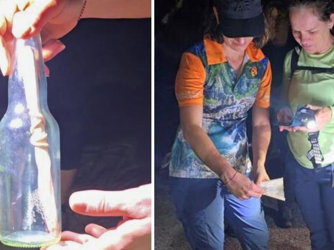 The message contained in the Schweppes bottle set adrift from Navini Island Resort in Fiji by three girls from Sunnyvale, California, eight years ago. Picture: Supplied